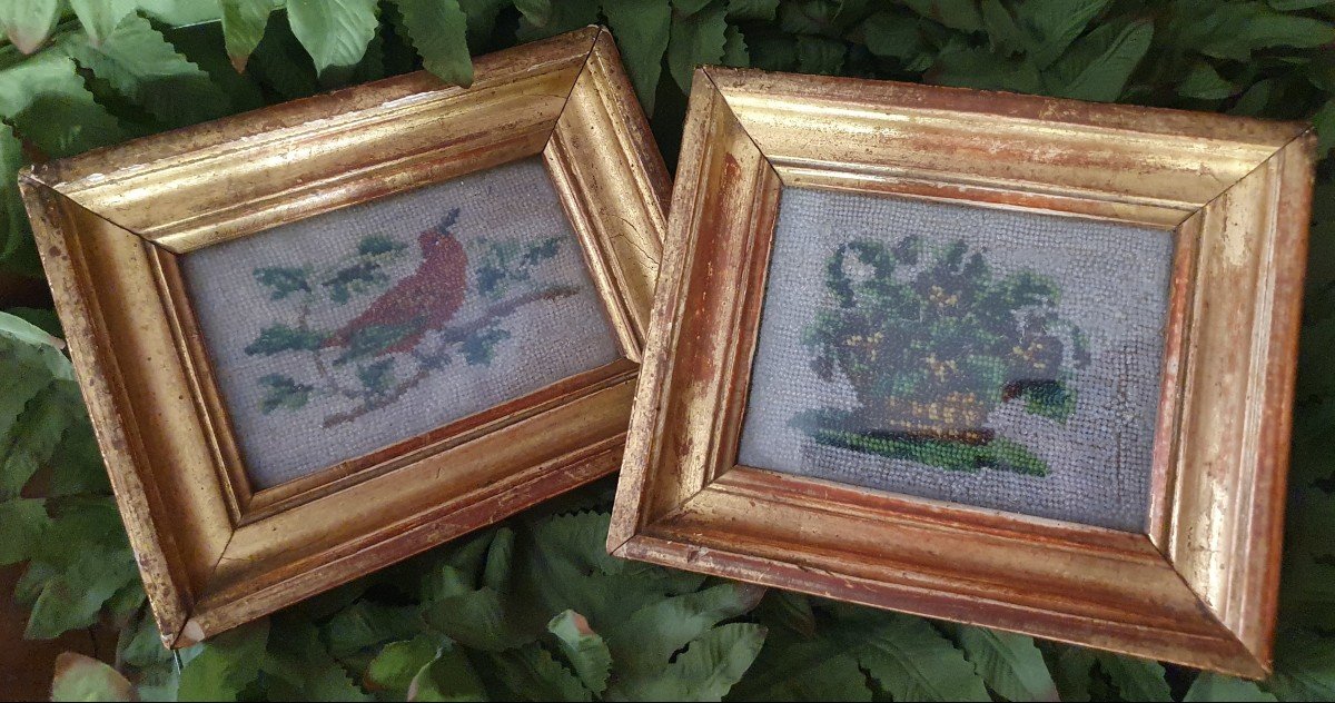 Pair Of Pearl Embroidery Pictures Showing A Bird And A Basket Of Flowers