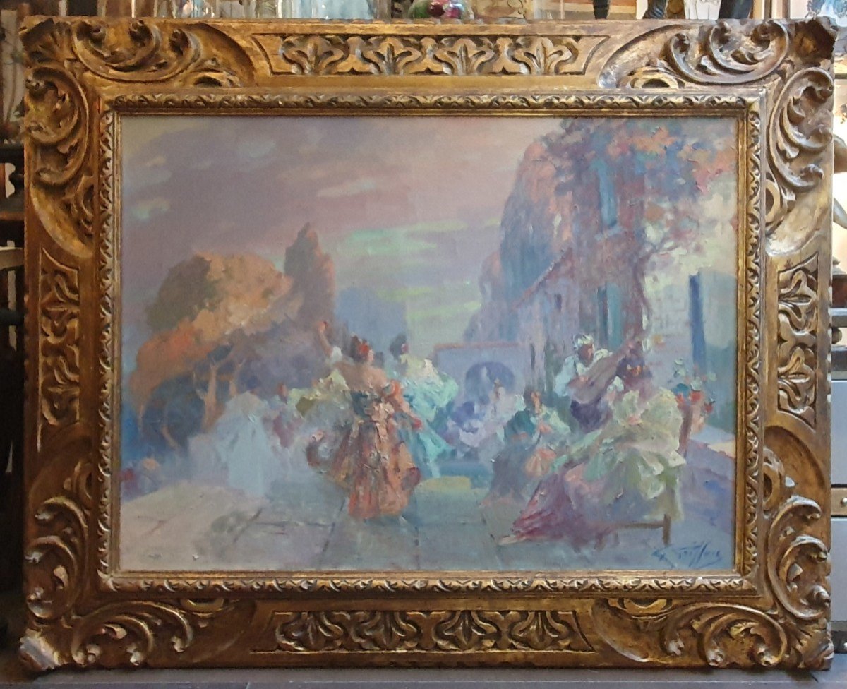 Gallant Party Scene In The Street Oil On Canvas And Its Frame By Gabriel Griffon (1866-1938)