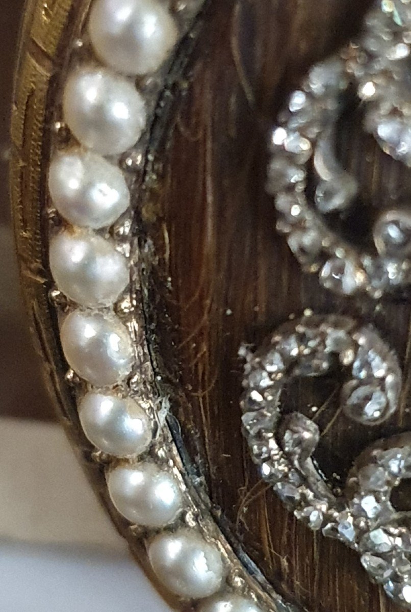 Broche De Souvenir Ou De Deuil En Cheveux, Or, Diamants, Perles 19 ème Siècle-photo-1