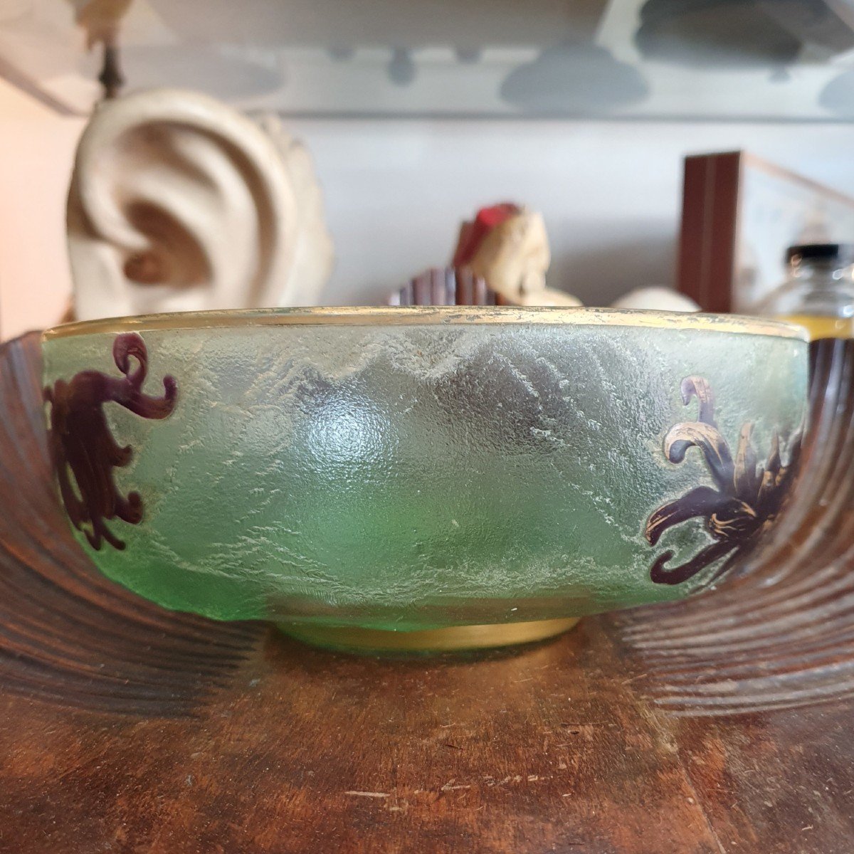 Coupe Art Nouveau, En Pâte De Verre Dégagée à l'Acide Sur Fond Givré-photo-2