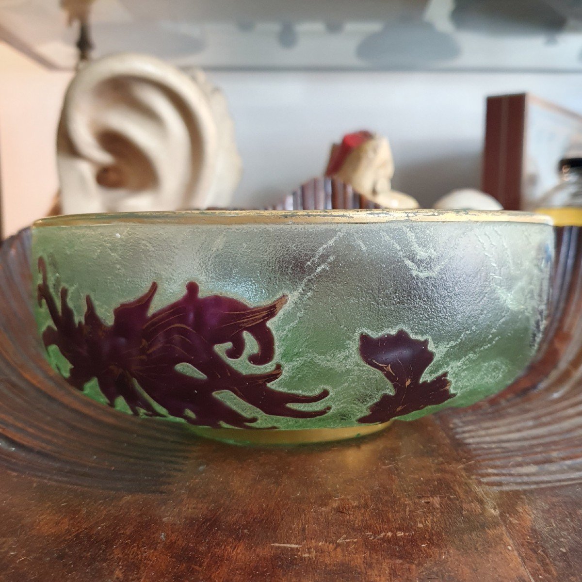 Coupe Art Nouveau, En Pâte De Verre Dégagée à l'Acide Sur Fond Givré-photo-3