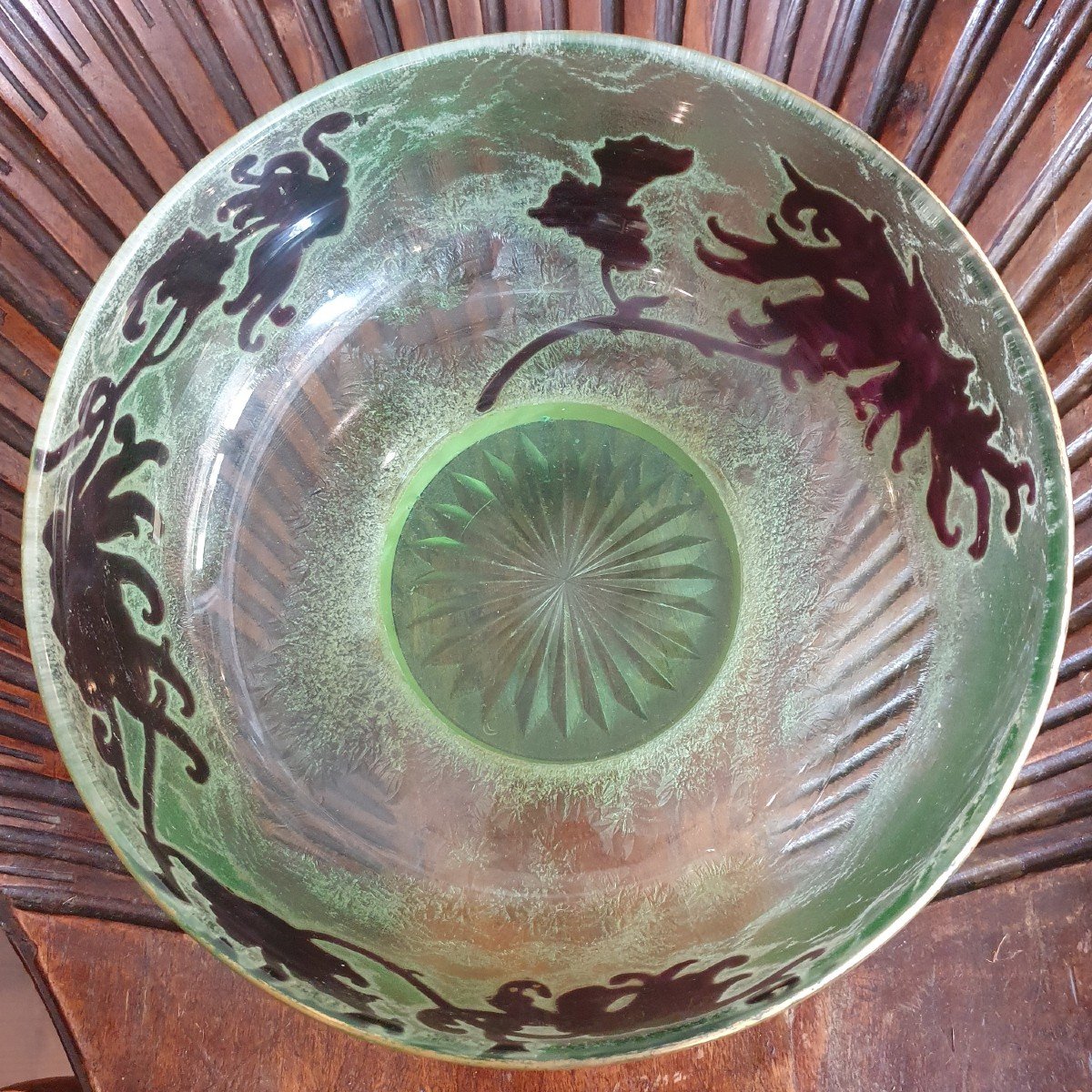 Coupe Art Nouveau, En Pâte De Verre Dégagée à l'Acide Sur Fond Givré-photo-2