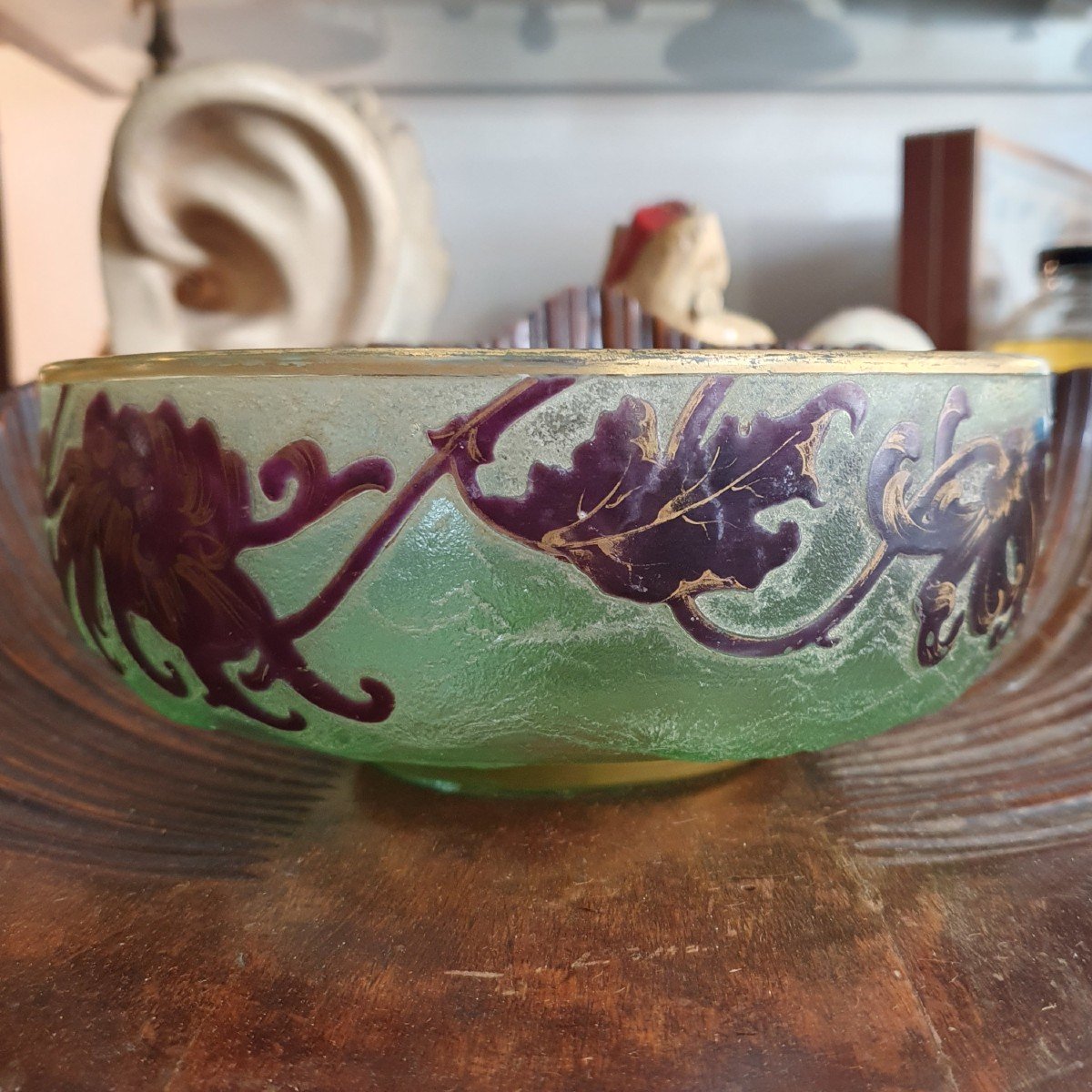 Art Nouveau Glass Bowl, Acid-etched On Frosted Ground