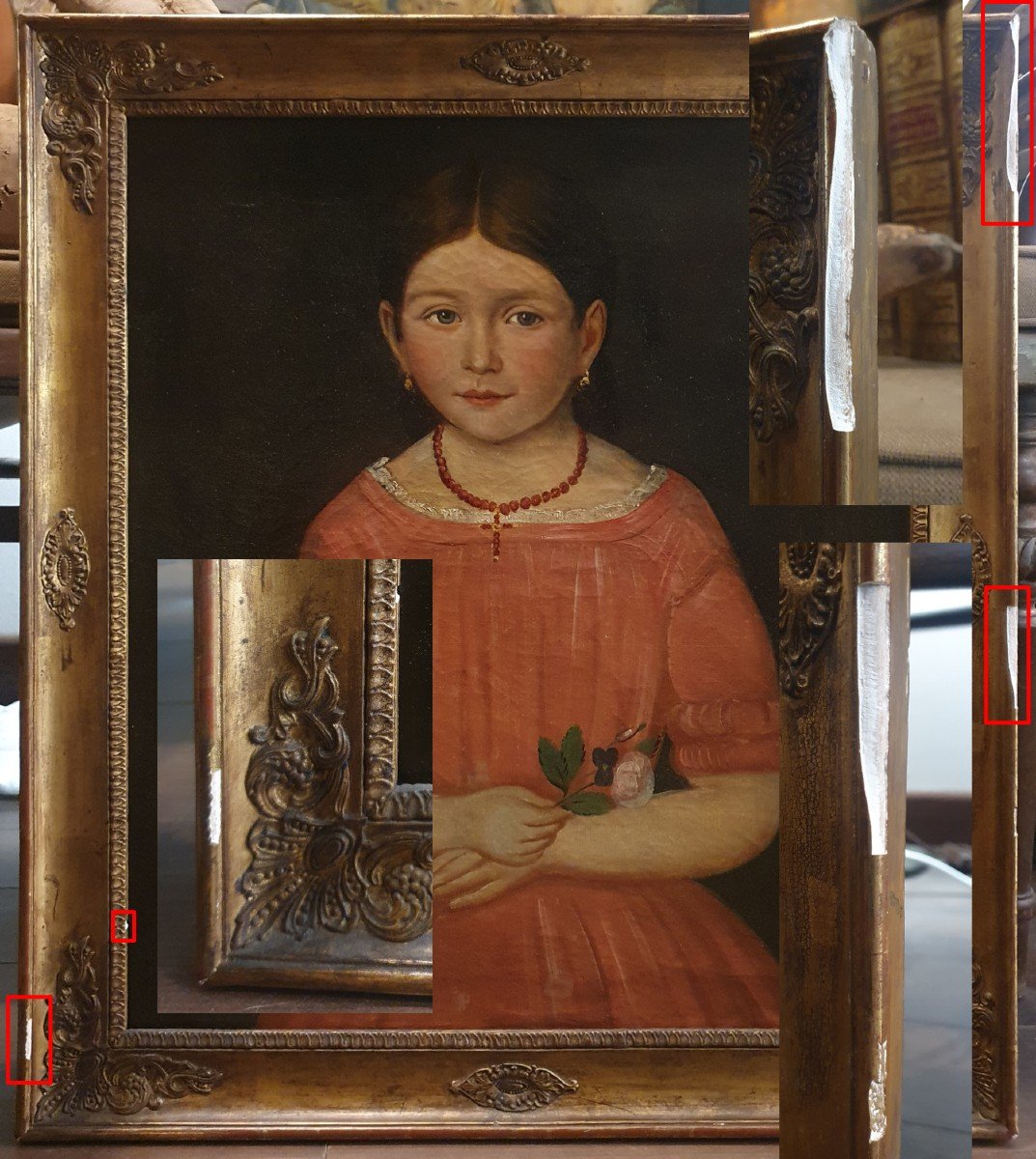 Portrait Of A Little Girl With Violet And Dandelion 19th Century-photo-6