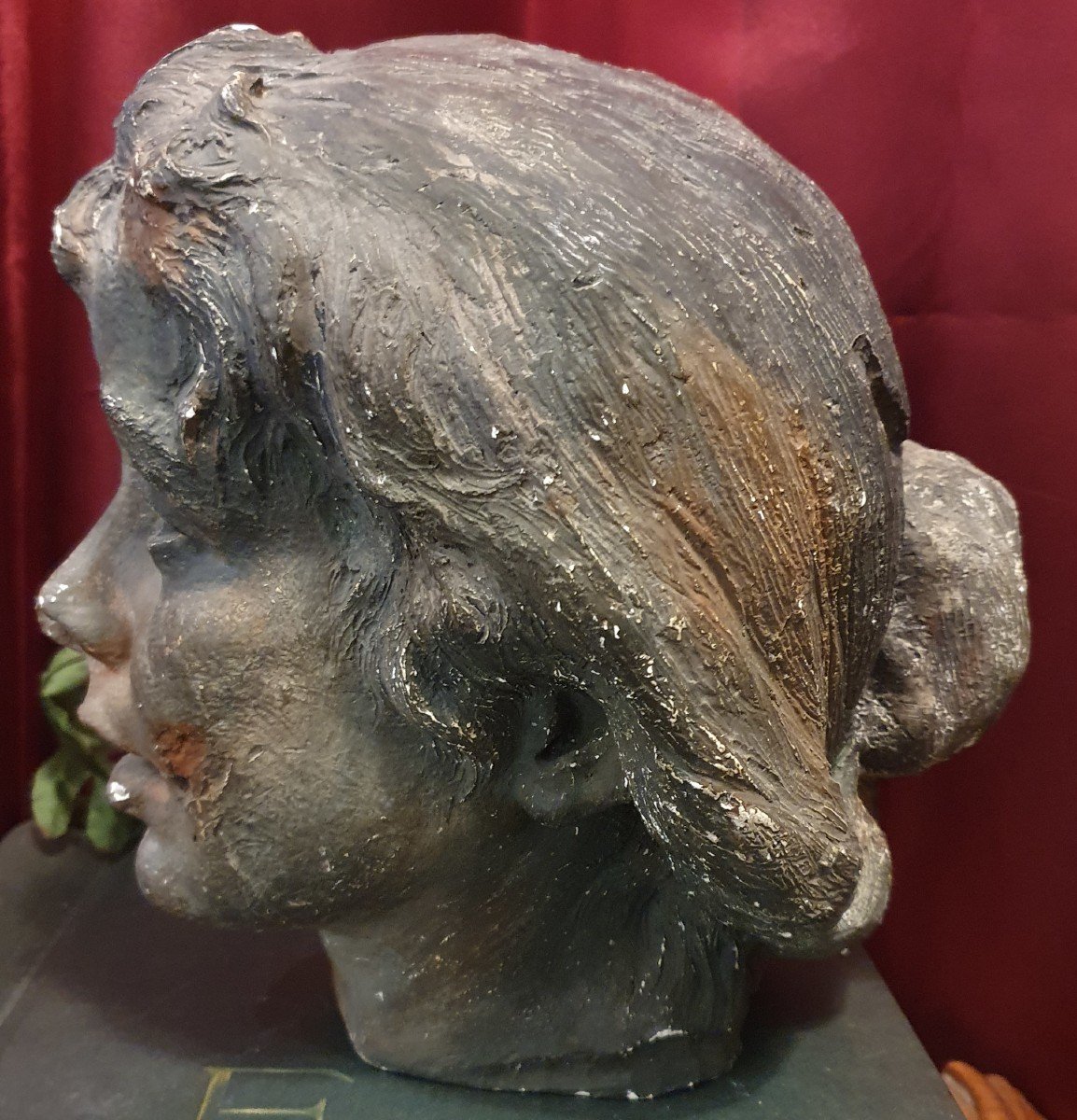 Sculpture Of A Woman's Head In Plaster With Brown Patina-photo-2