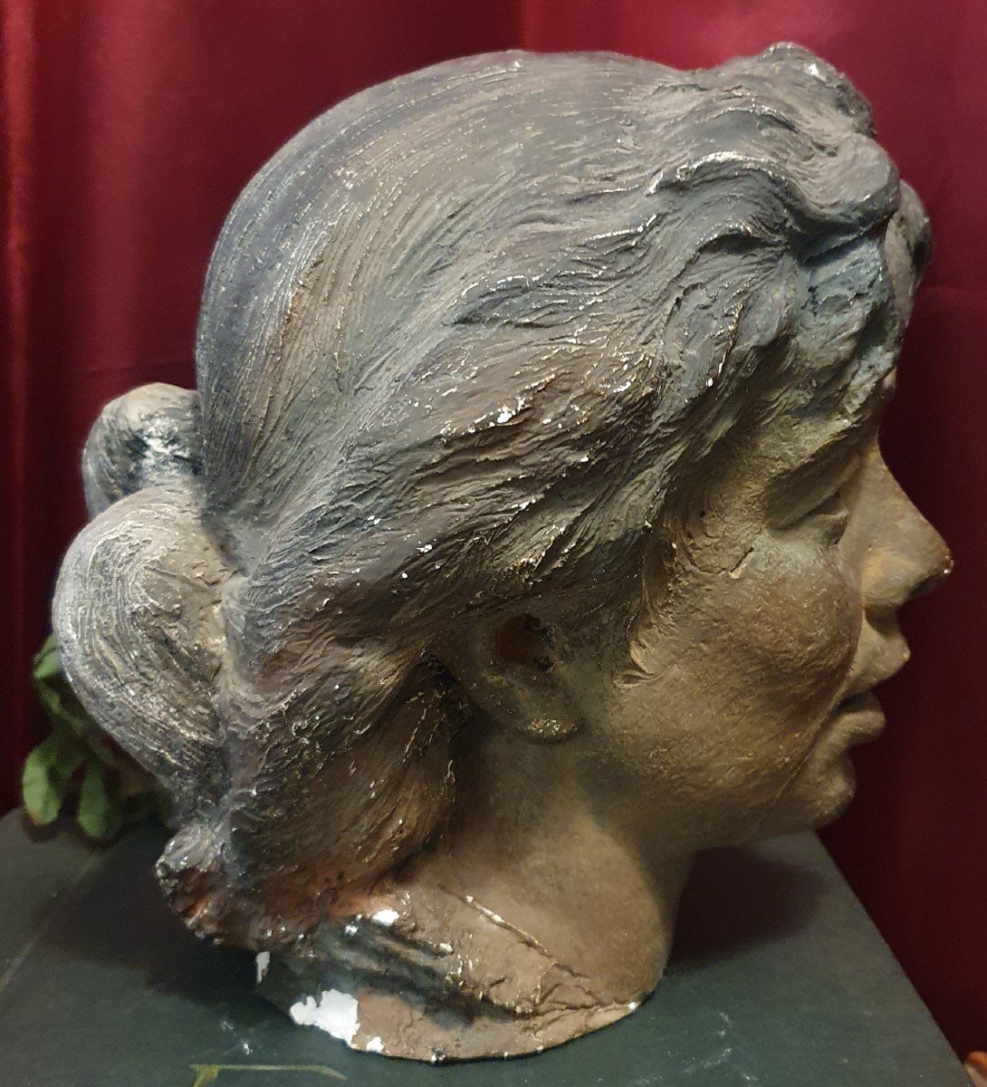 Sculpture Of A Woman's Head In Plaster With Brown Patina-photo-4