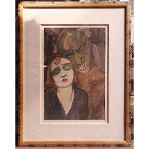 Gouache Encadrée Femme Et Démon Par Fred Pailhès 1932