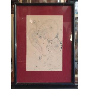 Pair Of Surrealist Ink Drawings Dated, Located And Signed