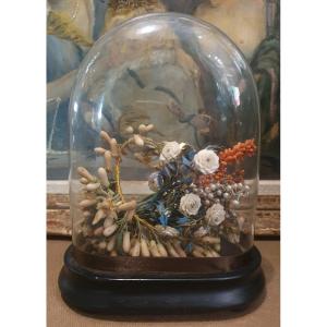 Petit globe de  mariée et son intérieur avec couronne et bouquet de la mariée Napoléon III