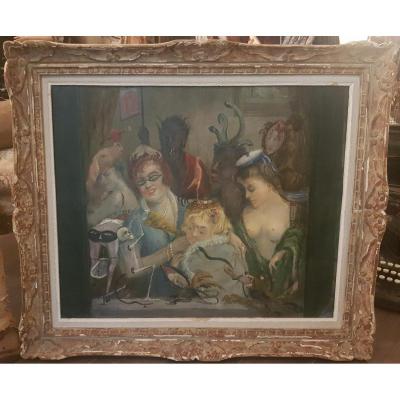 Painting Of Curiosity Oil On Canvas, Unsigned 1940's With Devil, Skeleton, Satyr, Dog And Women