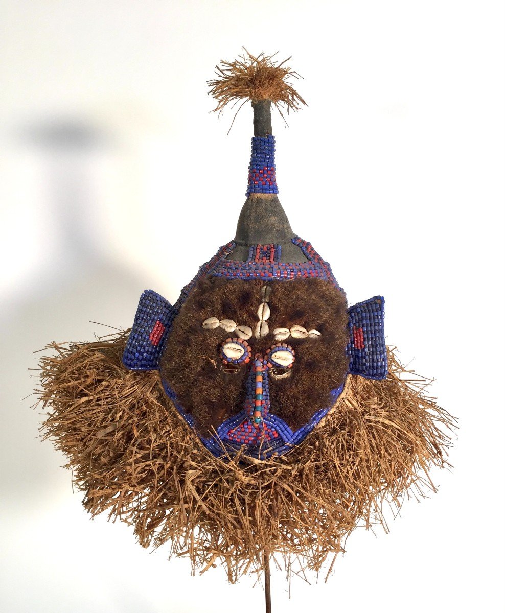 African Tribal Headdress With Beads And Raffia- Kuba? Purchased In The 1960s-photo-4