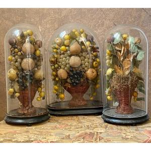 Triumphs Of Fruit In Papier-mâché And Glass Under Glass Bells - Italy, Late 1800s