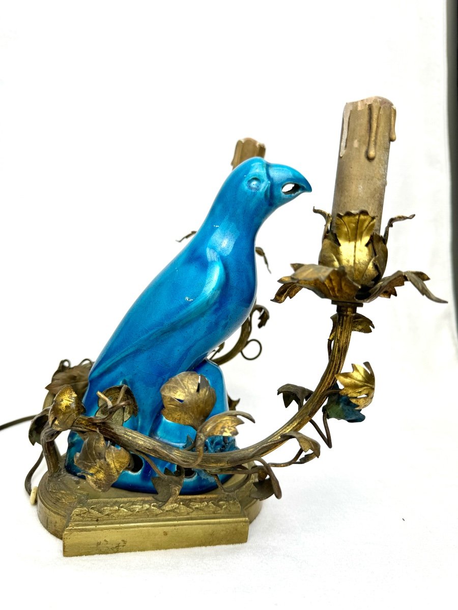 French Bronze Parrot Table Lamp, 19th Century-photo-2