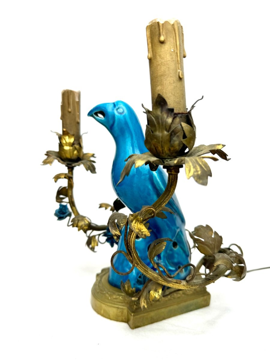 French Bronze Parrot Table Lamp, 19th Century-photo-1