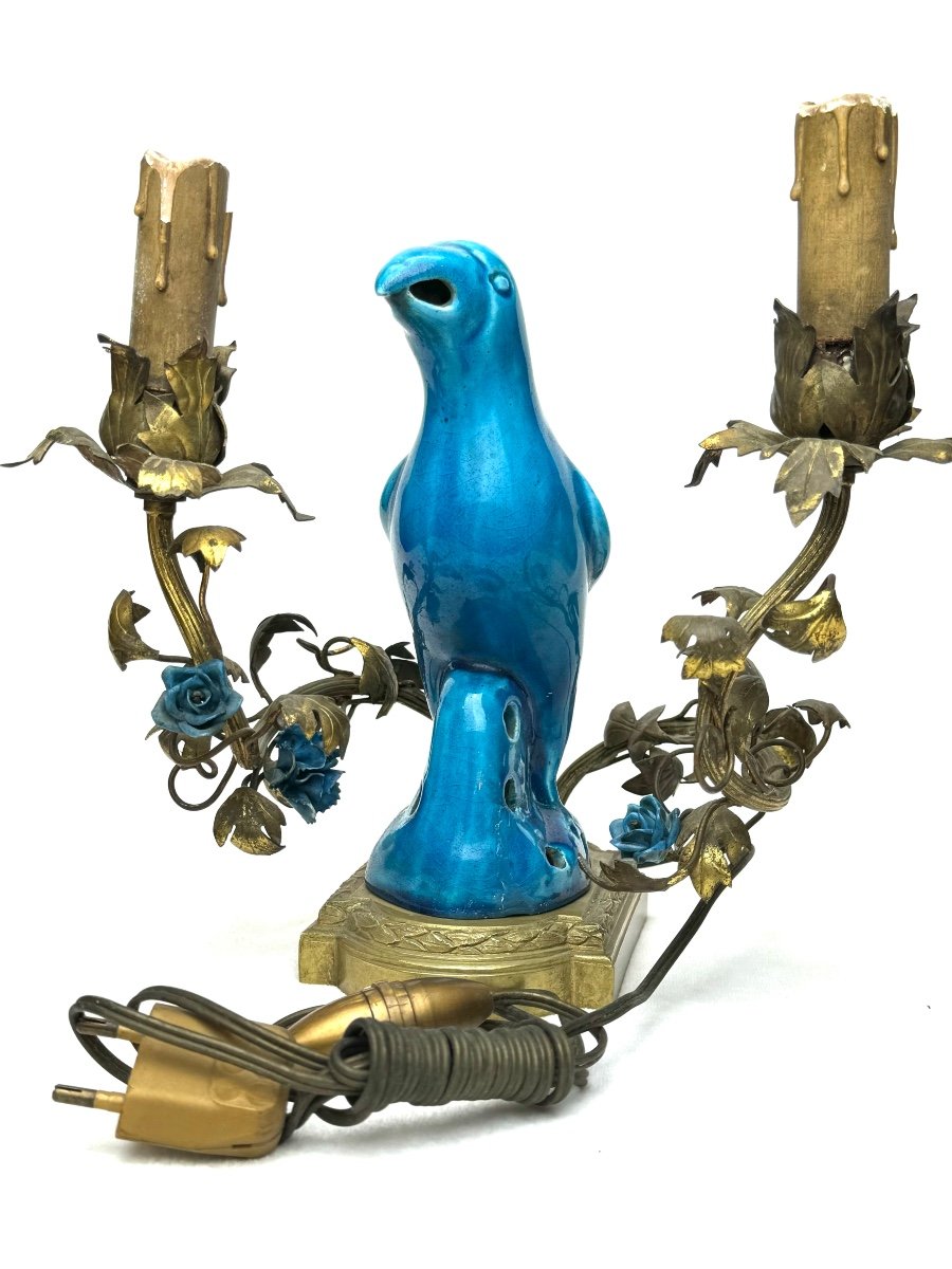 French Bronze Parrot Table Lamp, 19th Century-photo-3