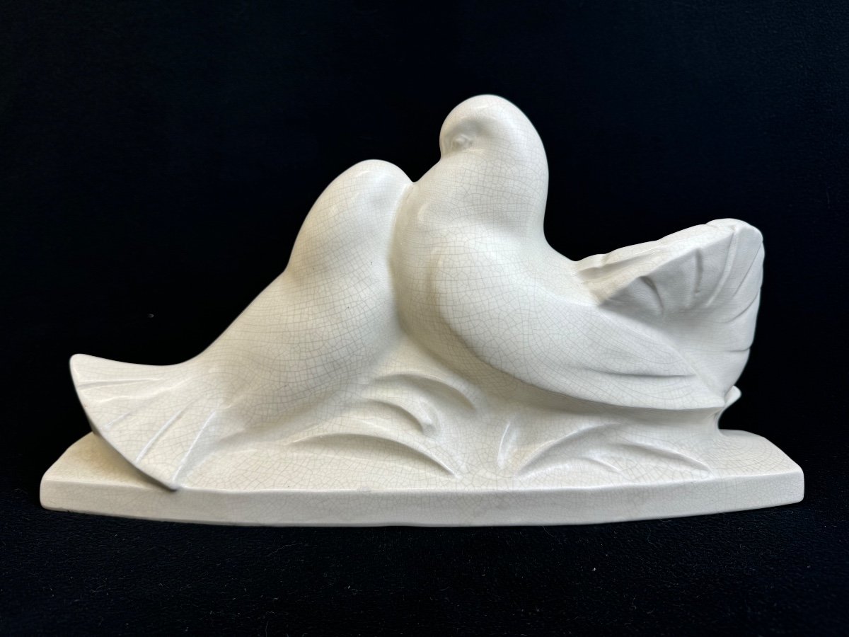 Edouard Cazaux (dax) Couple Of Doves In Cracked Ceramic -photo-2