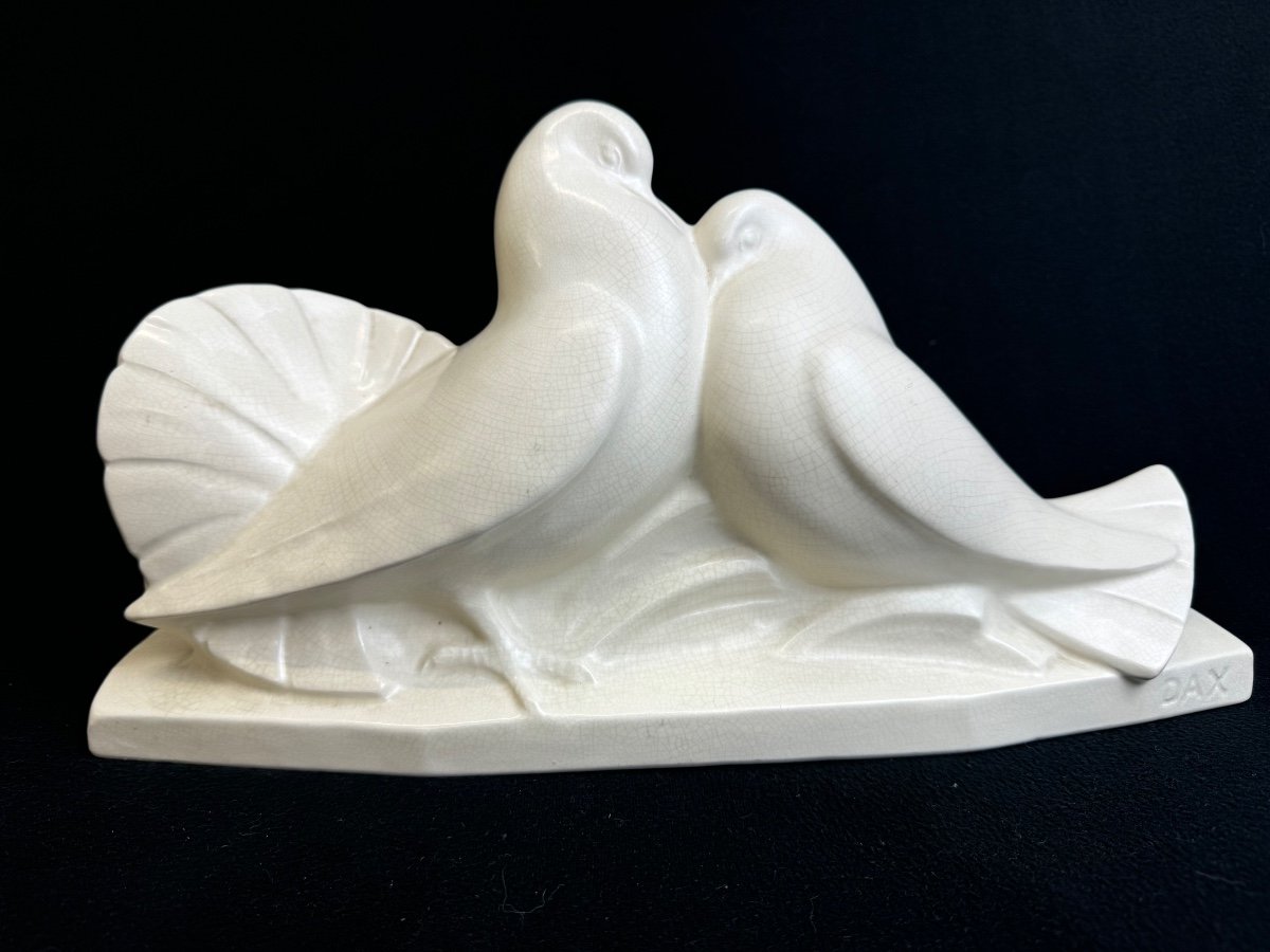 Edouard Cazaux (dax) Couple Of Doves In Cracked Ceramic 