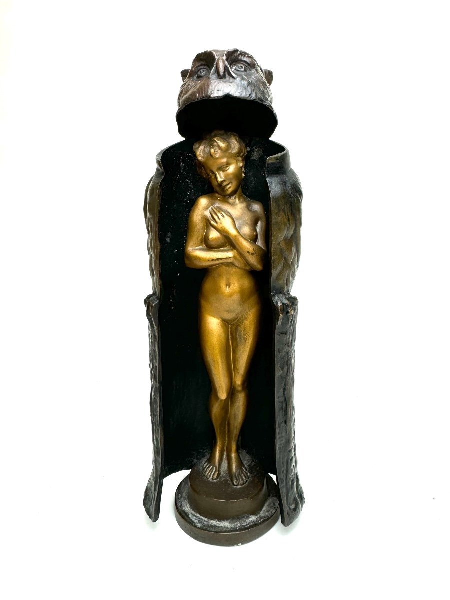 Argentor Wien - Metamorphic Bronze Figure Owl Surrounding A Nude Woman-photo-4