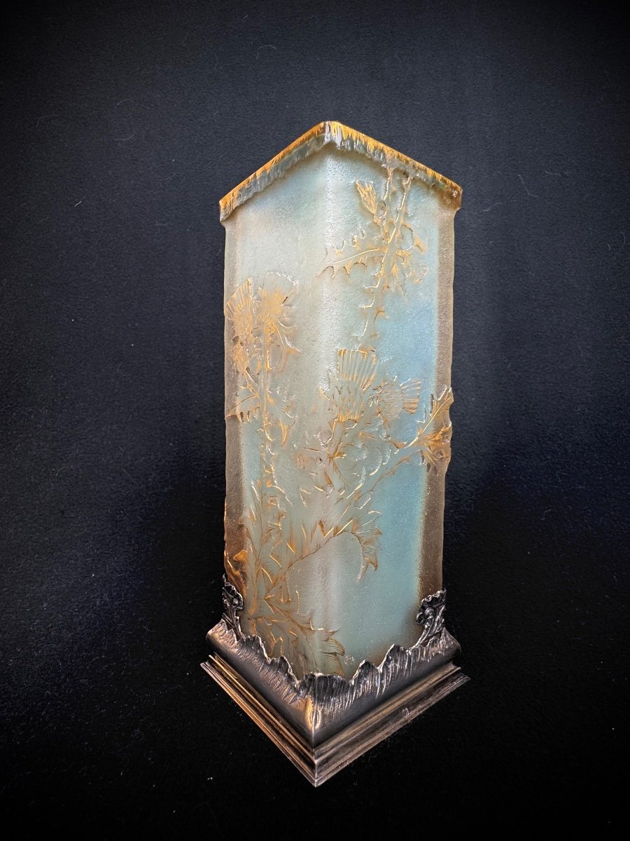 Daum Nancy , Rare Vase « Chardons Lorrains » En Verre Opalescente -photo-2