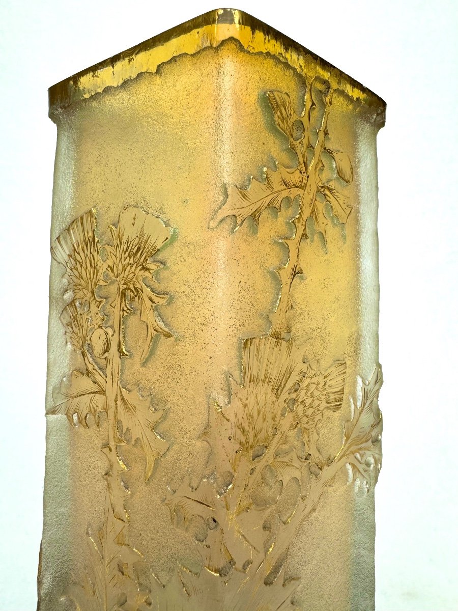 Daum Nancy , Rare Vase « Chardons Lorrains » En Verre Opalescente -photo-1