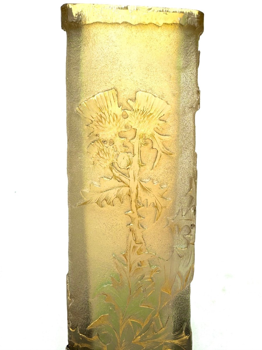 Daum Nancy , Rare Vase « Chardons Lorrains » En Verre Opalescente -photo-2