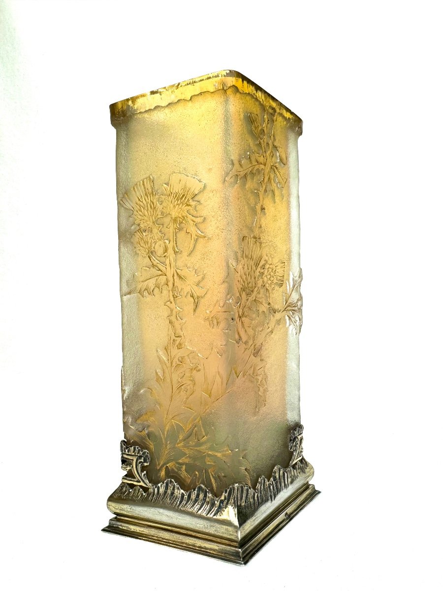 Daum Nancy , Rare Vase « Chardons Lorrains » En Verre Opalescente -photo-4