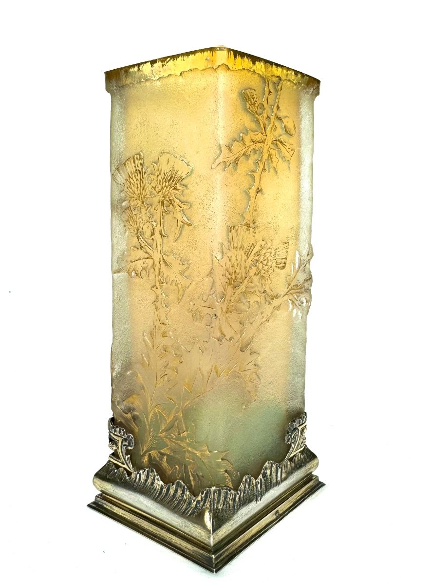 Daum Nancy , Rare Vase « Chardons Lorrains » En Verre Opalescente 