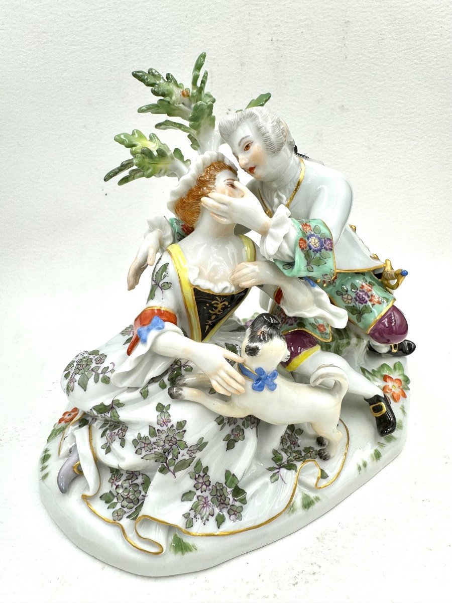 Meissen - Porcelain Group Of A Couple With A Dog-photo-2