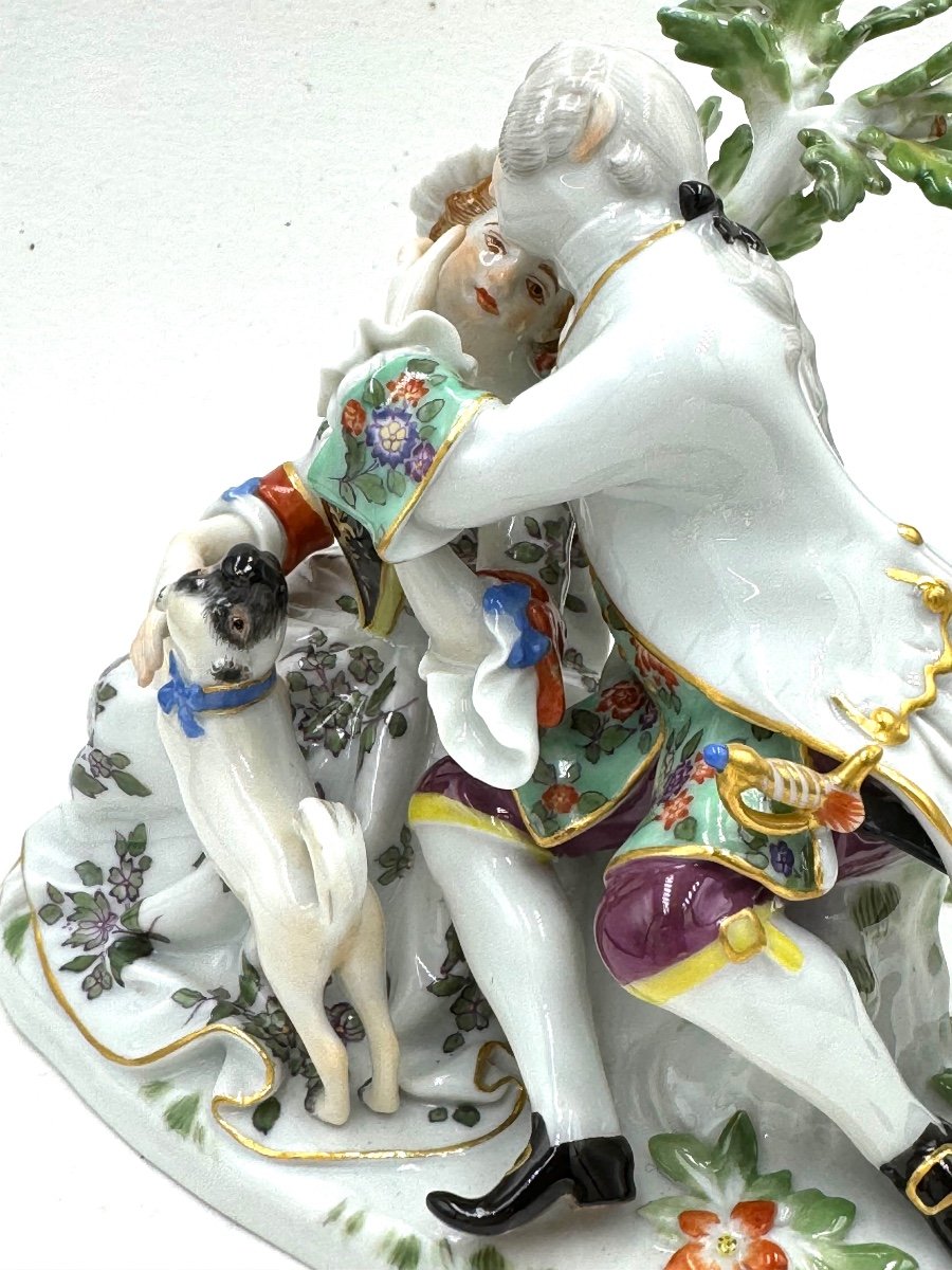 Meissen - Porcelain Group Of A Couple With A Dog-photo-2