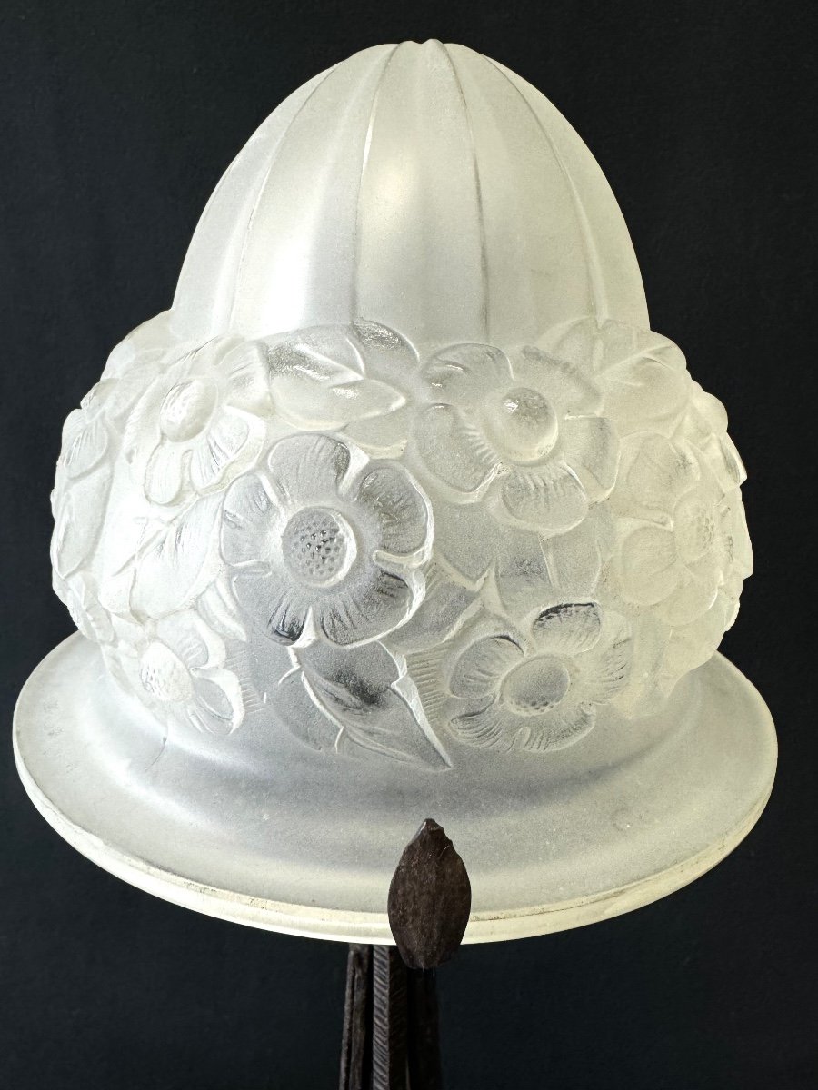 Art Deco Wrought Iron And Glass Lamp With Flower Decor  -photo-3