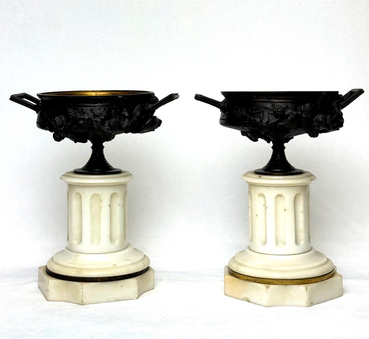 Pair Of Bronze Casseroles With Blackberry Decor 