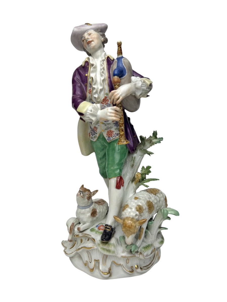 Meissen - Figure En Porcelaine D’un Berger Avec Cornemuse-photo-2