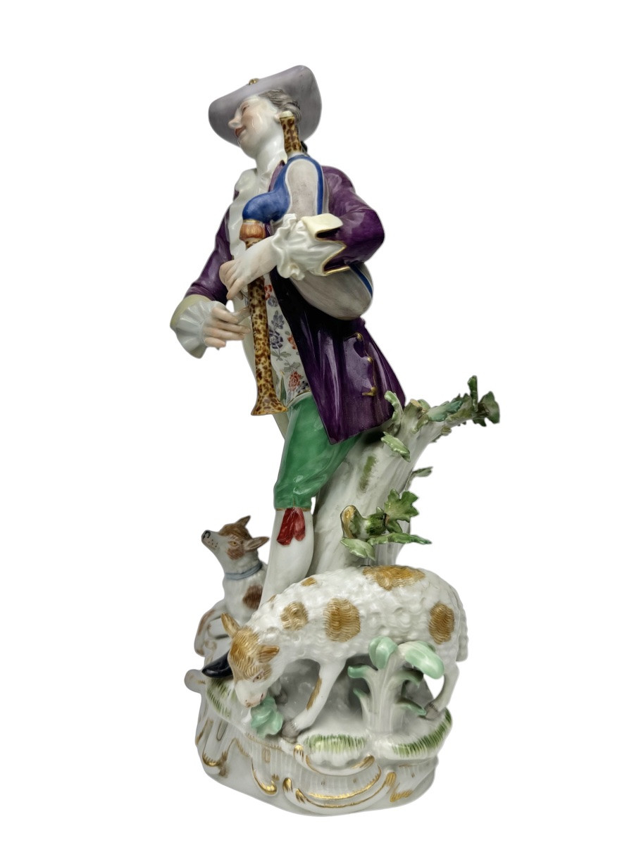 Meissen - Figure En Porcelaine D’un Berger Avec Cornemuse-photo-1