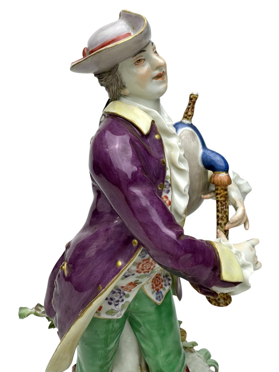 Meissen - Figure En Porcelaine D’un Berger Avec Cornemuse-photo-3