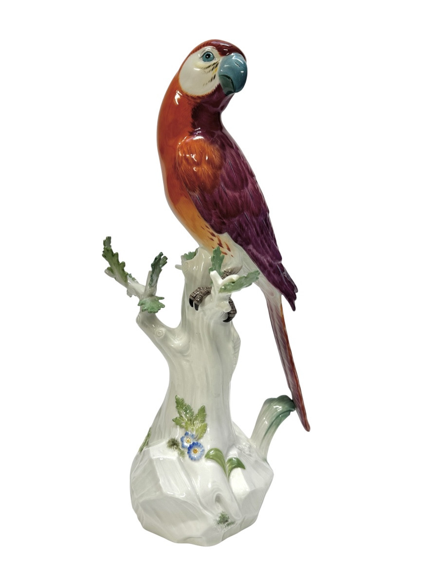 Meissen - Figure En Porcelaine D’un Perroquet Sur Le Tronc 