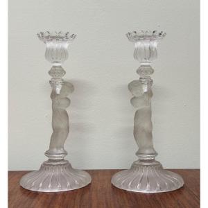 Baccarat Pair Of Candlesticks With Cherubs