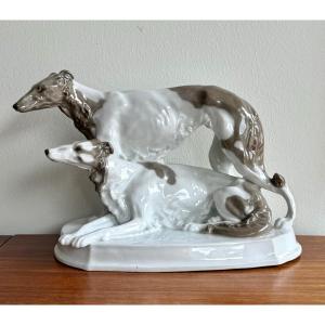 German Art Deco Porcelain Group Of Borzoi Greyhound Dogs 