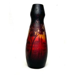 Daum - Vase Avec Paysage Lacustre Au Coucher Du Soleil