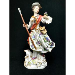 Meissen - Porcelain Figure Of Shepherdess With Staff