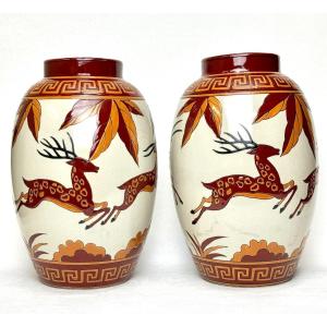 Keralouve - Pair Of Art Deco Vases In Enamelled Earthenware 