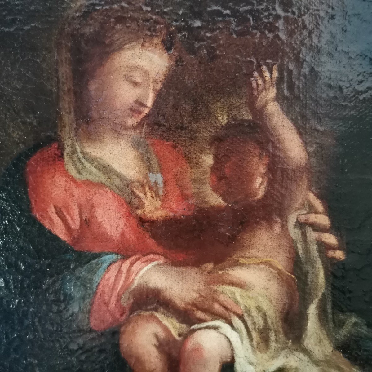 Vierge à l' Enfant Toile 18ème monogrammée. Cadre Bérain -photo-3