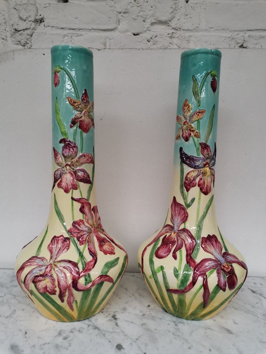 Paire De grands Vases  Iris  Barbotine De Longchamp Art Nouveau 