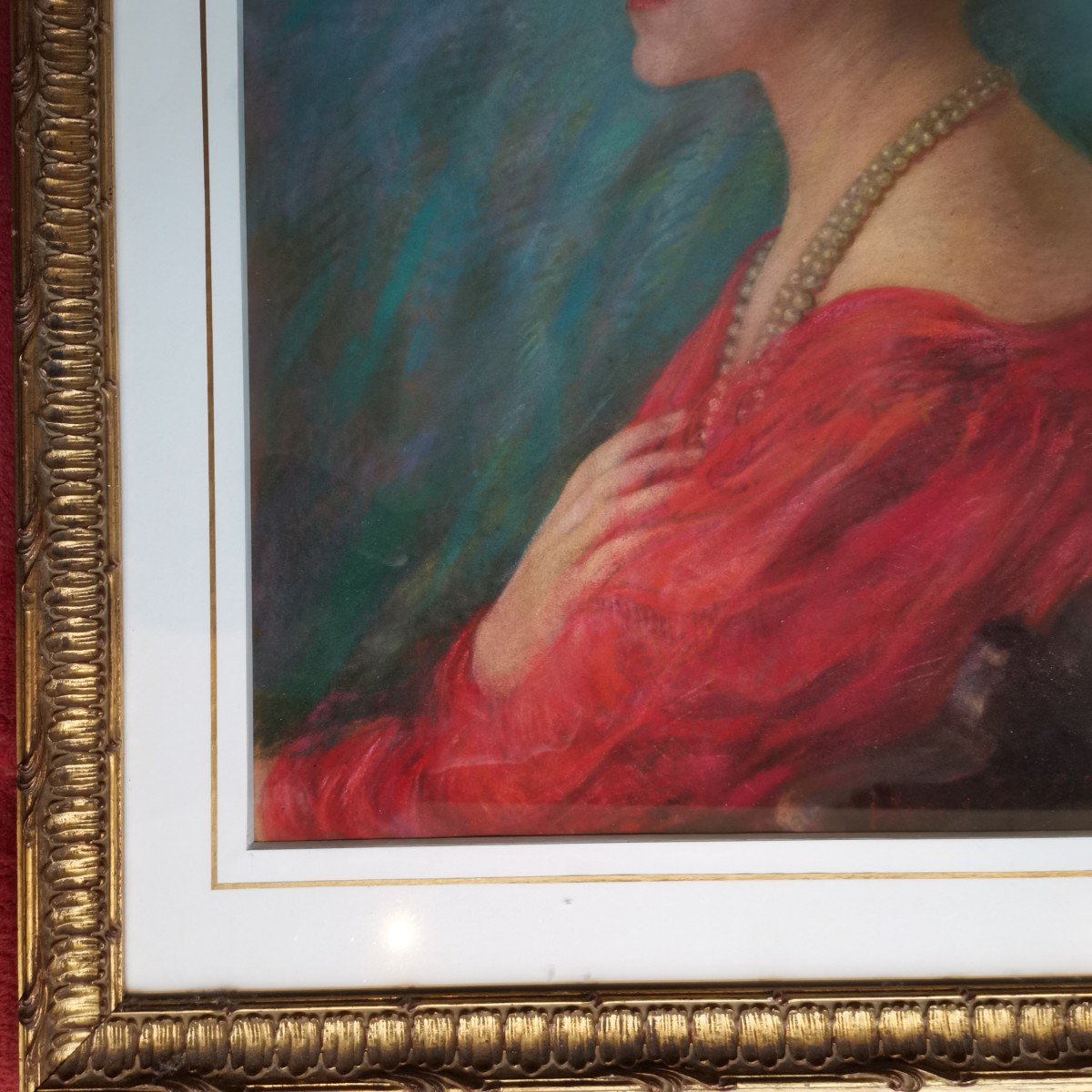 Élégante à La Robe Rouge, Pastel De Henry Degroux -photo-1