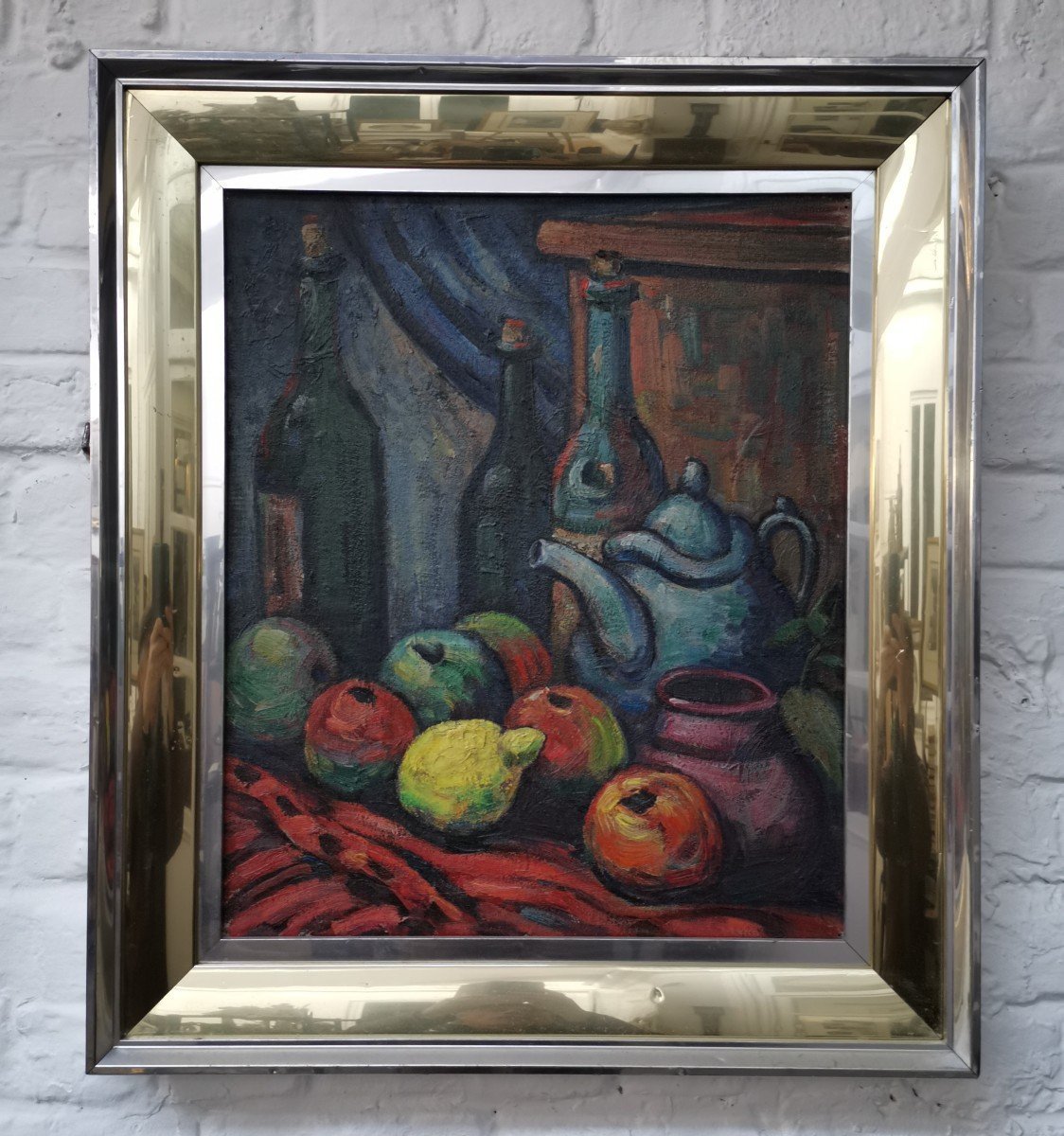 Nature Morte aux fruits, poteries et bouteilles dans le style de Cézanne