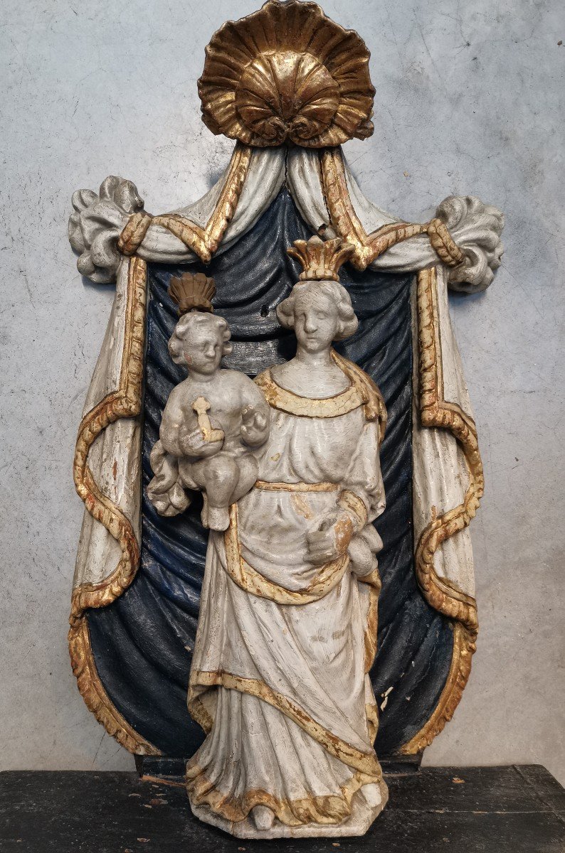 Vierge à l' Enfant Dans Une Chapelle. Bois Sculpté 18ème S-photo-4