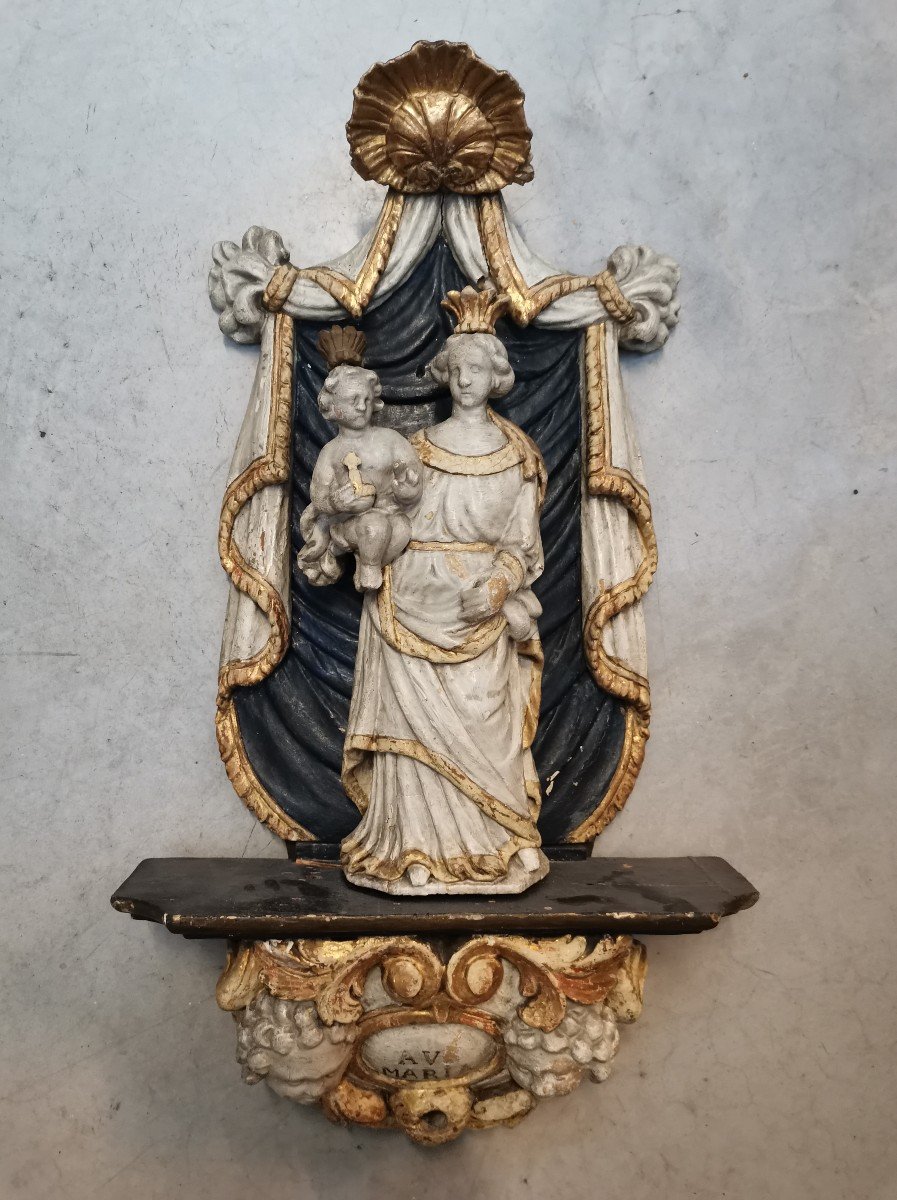 Vierge à l' Enfant Dans Une Chapelle. Bois Sculpté 18ème S-photo-7