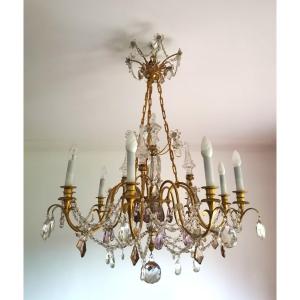 Chandelier In Golden Brass And Crystal Tassels 