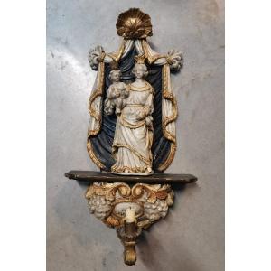 Virgin And Child In A Chapel. Carved Wood 18th Century