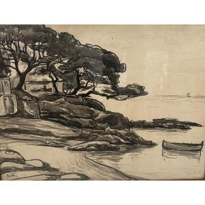 Jean Peske , Sea Landscape  At Gouron , Ink 