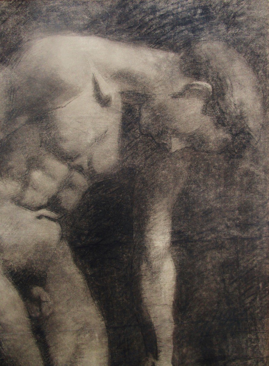 Imposing Academy Of Man. Charcoal. Michel Fréchon 139 X 76 Cm-photo-4